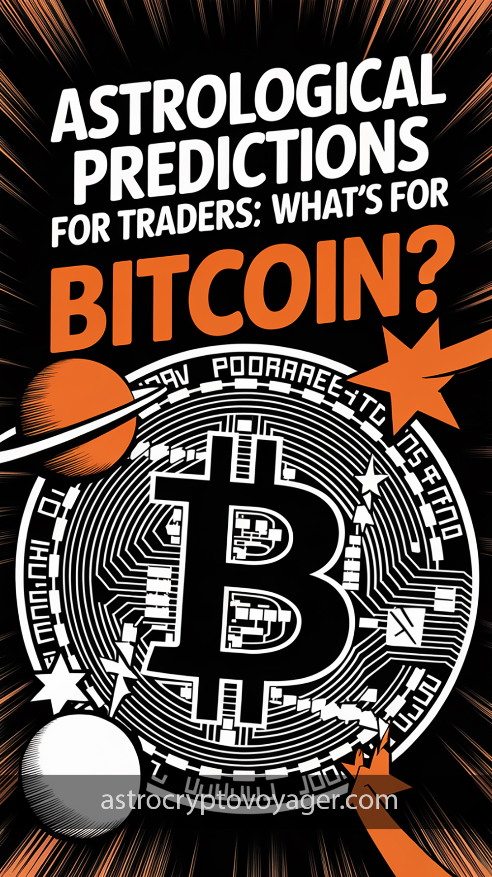 Comic book style, black and white with orange accents: Text on the image: "Astrological Predictions for Traders What’s Next for Bitcoin"